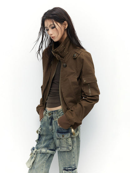 Low pixel Plush Lined Waist Cinch Dark Goth Slim Fit Women Zip High Collar Cropped Jackets