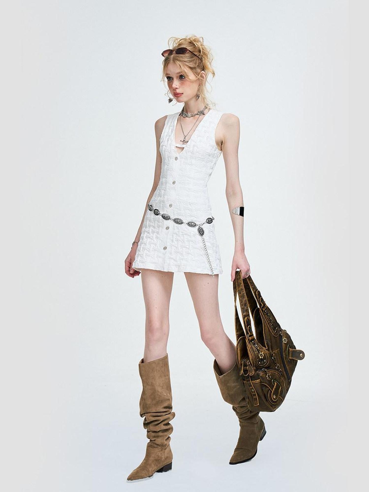 The NeverMore Floral High Waist V-neck Spaghetti Strap Street Women Casual White Mini Dresses