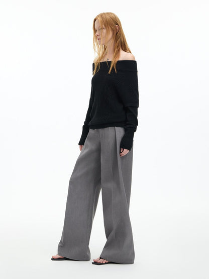 RUN TO THE FUTURE Low Rise Jacquard Minimal Casual Women Light Heather Gray Wide-Leg Pants