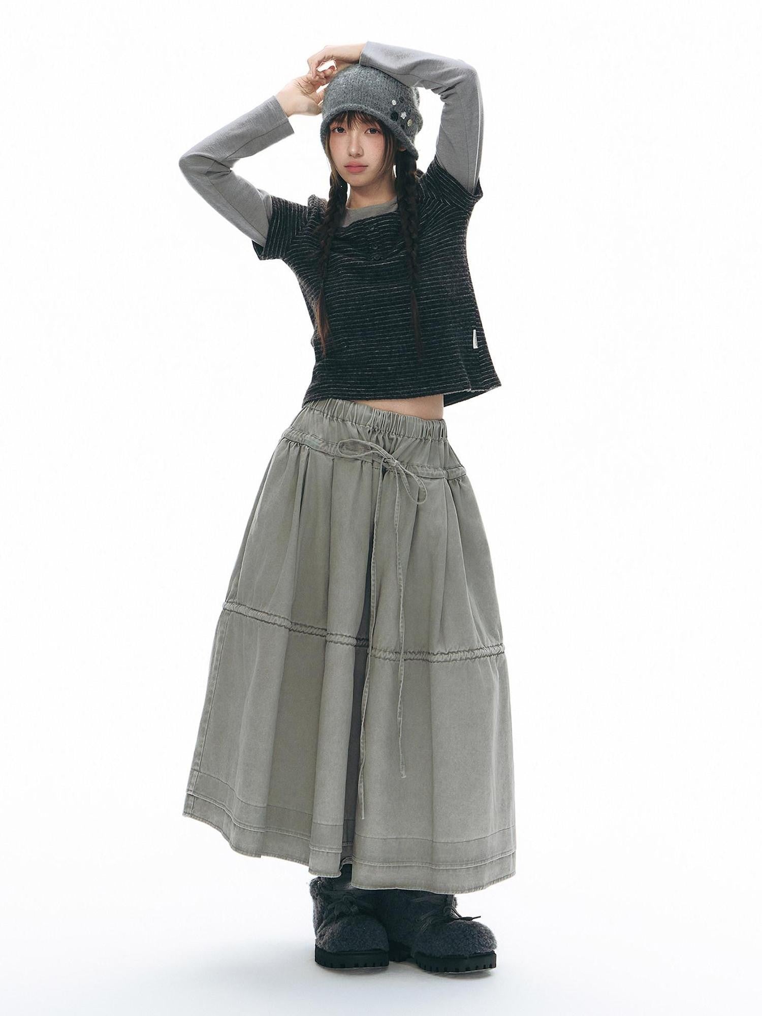 NAPSNAPS Washed Denim Tie Elastic Waist Flared Women&