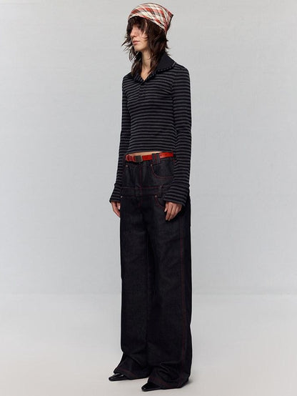 RUN TO THE FUTURE Low Rise Colorblock Loose Fit Zip Fly Black Denim Stretch Wide-Leg Jeans