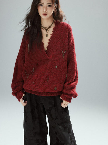 Low pixel Warm Oversized Street Raw Hem Women V-neck Red Pullover Sweaters