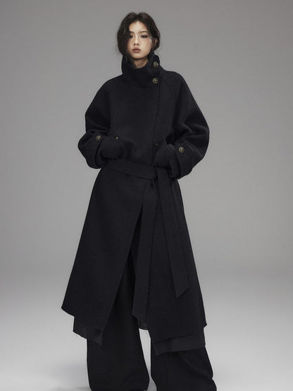 Low pixel Thick Wool Blend Oversized Streetwear European Long Zip Lapel Black Wool Coats