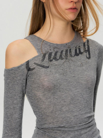 The NeverMore Rhinestone Vintage Slim Women Lyocell Blend Letter Print Long Sleeve Crop Tops