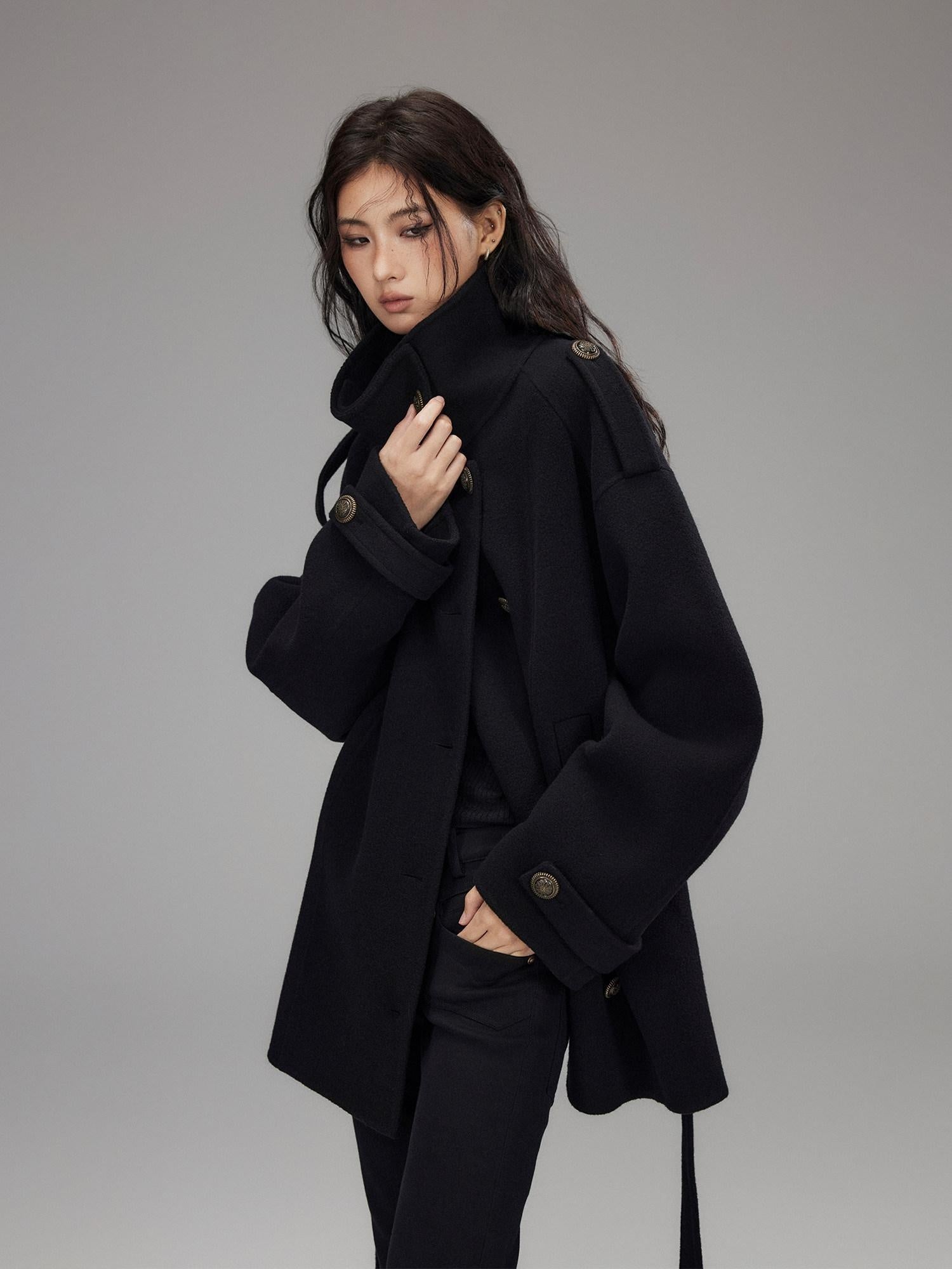 Low pixel Warm Oversized Street Midlength Notch Lapel Wool Cashmere Black Wool Coats