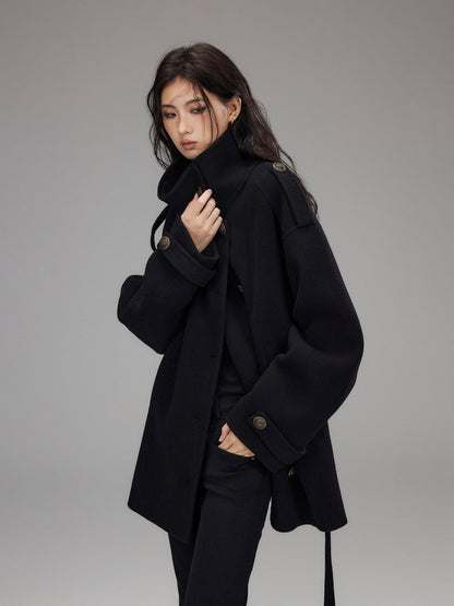 Low pixel Warm Oversized Street Midlength Notch Lapel Wool Cashmere Black Wool Coats