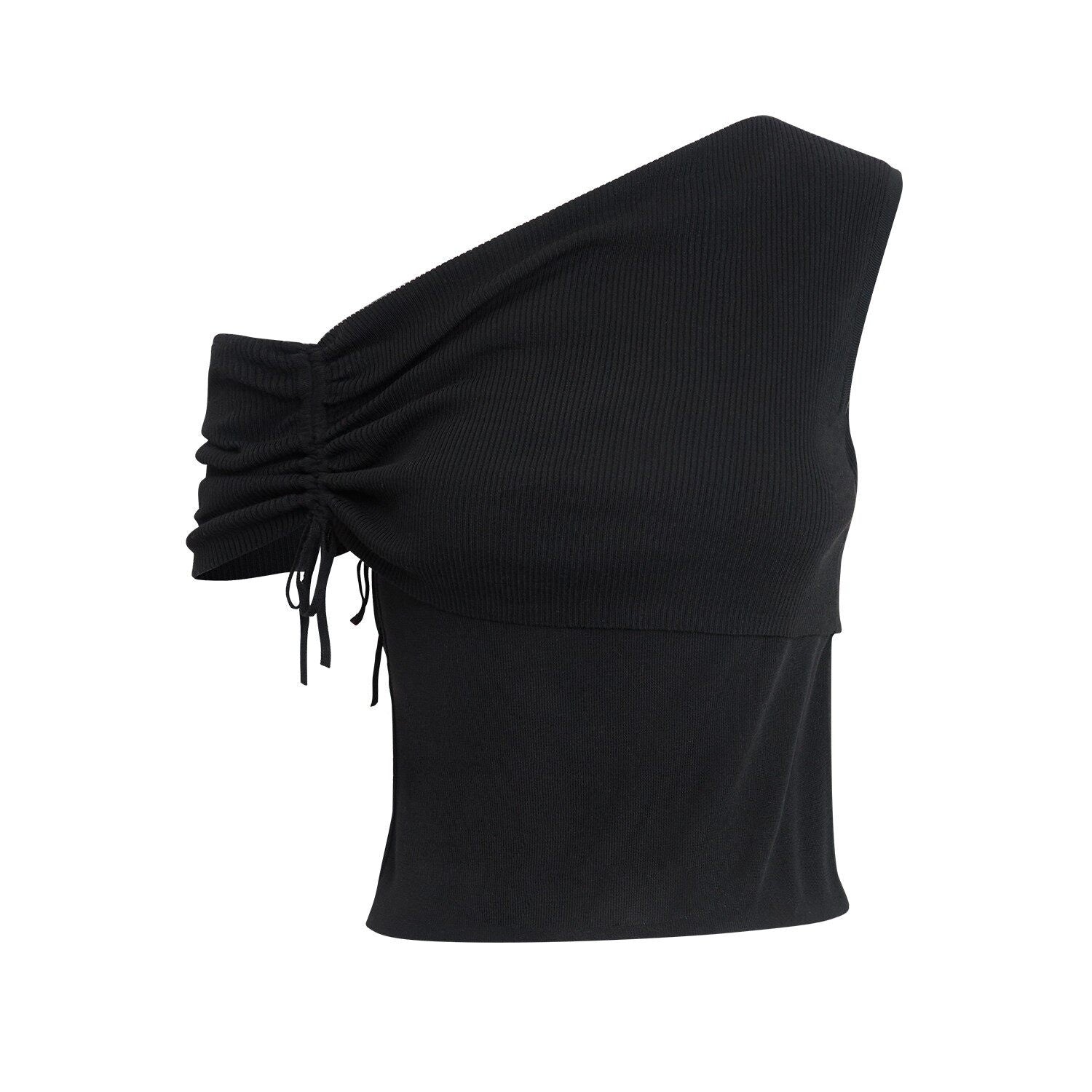 RUN_TO_THE_FUTURE_Original_Asymmetric_One_Shoulder_Slim_Short_Tshirt_Black_White_Women_Crop_Tops_MISSTT