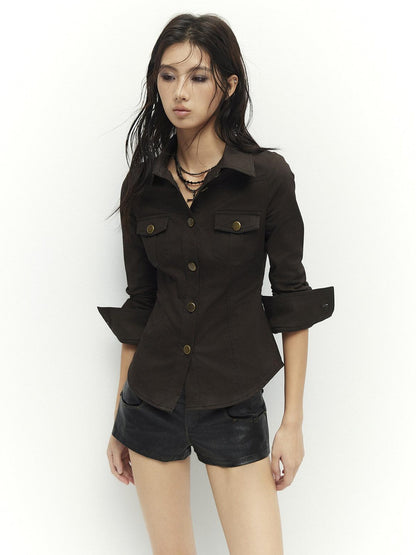 Low pixel Soft Vintage Slim Fit Button Front Collared Long Sleeve Cotton Back Print Shirts