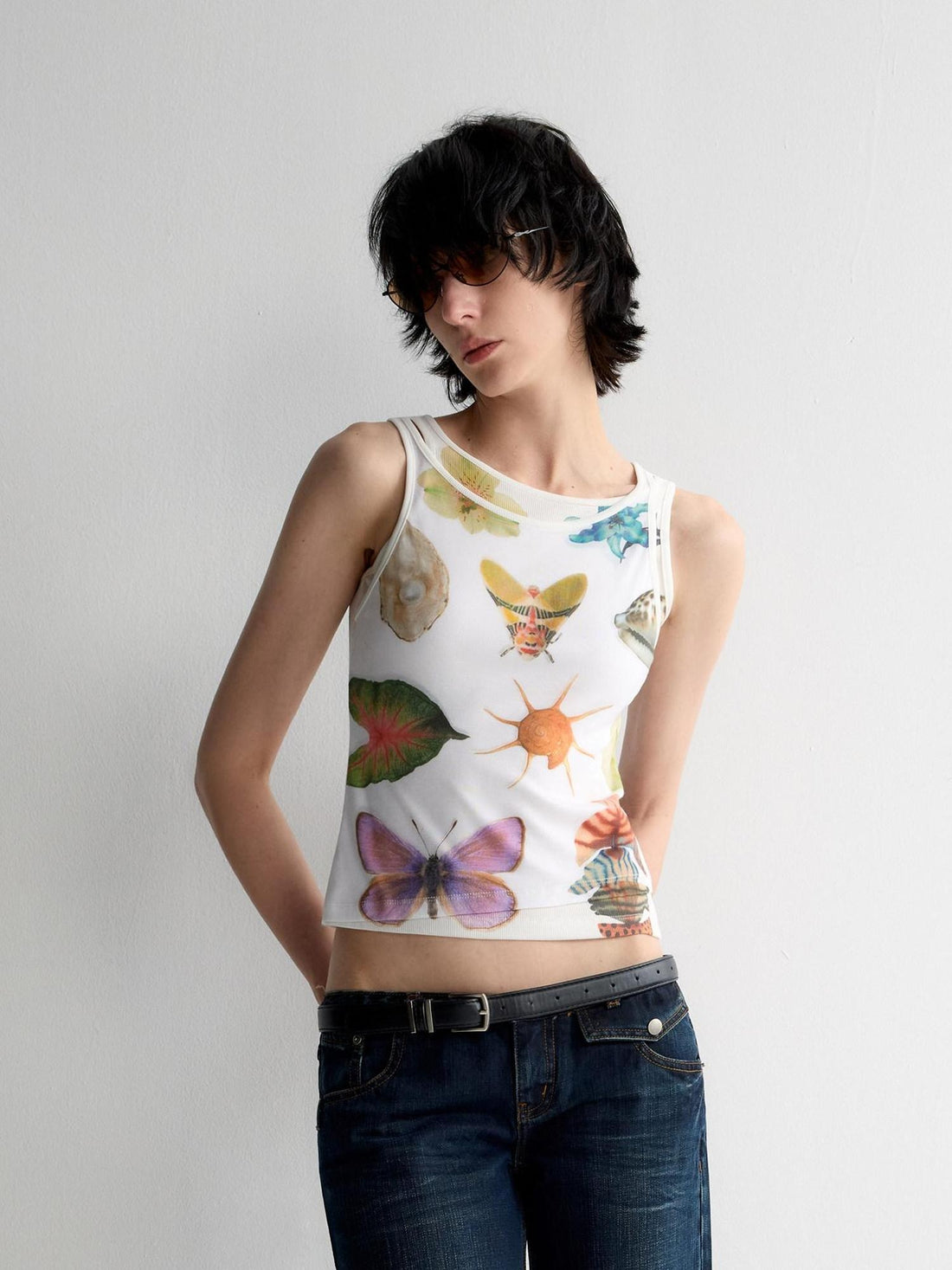 RUN TO THE FUTURE Original Print Asymmetrical Slim Fit Tencel Cropped Animal Women White Tank Tops