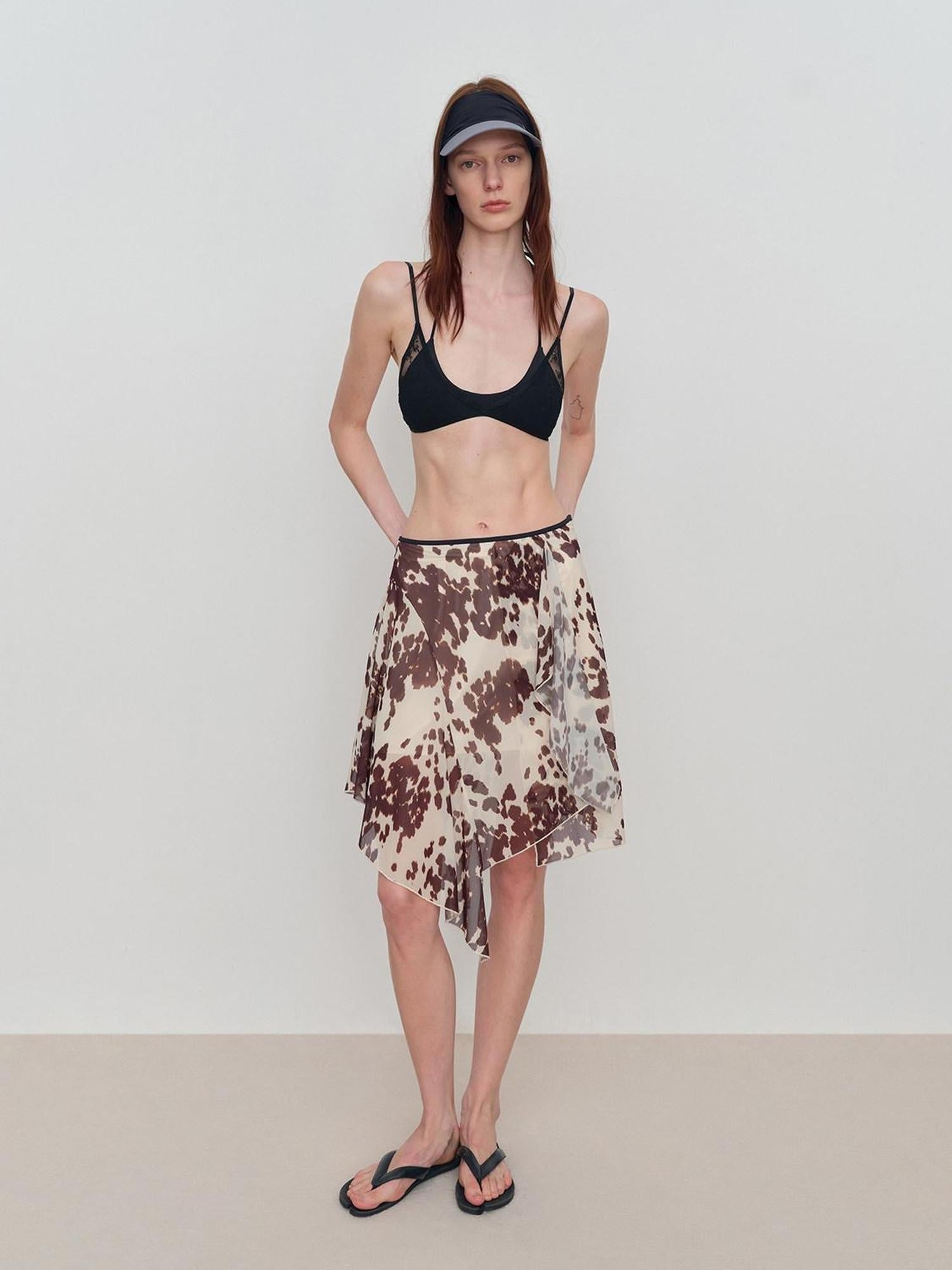 RUN TO THE FUTURE Breathable Lined Asymmetric A Line Casual Low Waist Cow Print Women Midi Skirts