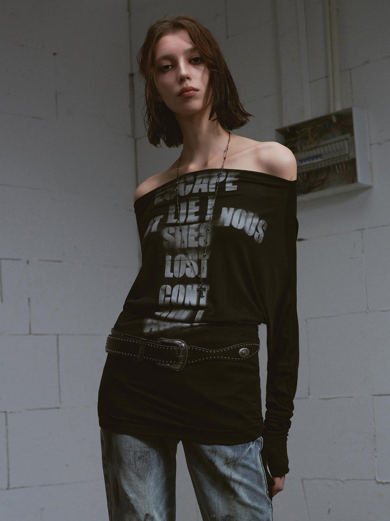 Cest Nous Cross Print Ruched Batwing Off Shoulder Women&
