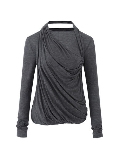 RUN TO THE FUTURE Tencel Wool Blend Pleated Commuter Slim Solid Milk White Long Sleeve T-Shirts