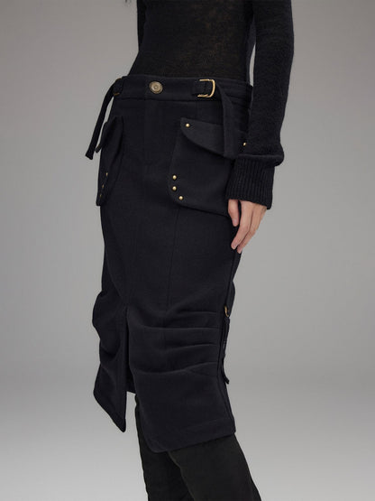 Low pixel Wool Blend Low Rise Cargo Pockets Front Slit Hline Casual Black Midi Skirts