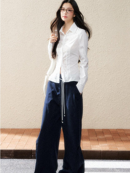 7Shiftin Versatile Minimal Straight Cut Natural Elastic Waist Women Navy Wide Leg Pants