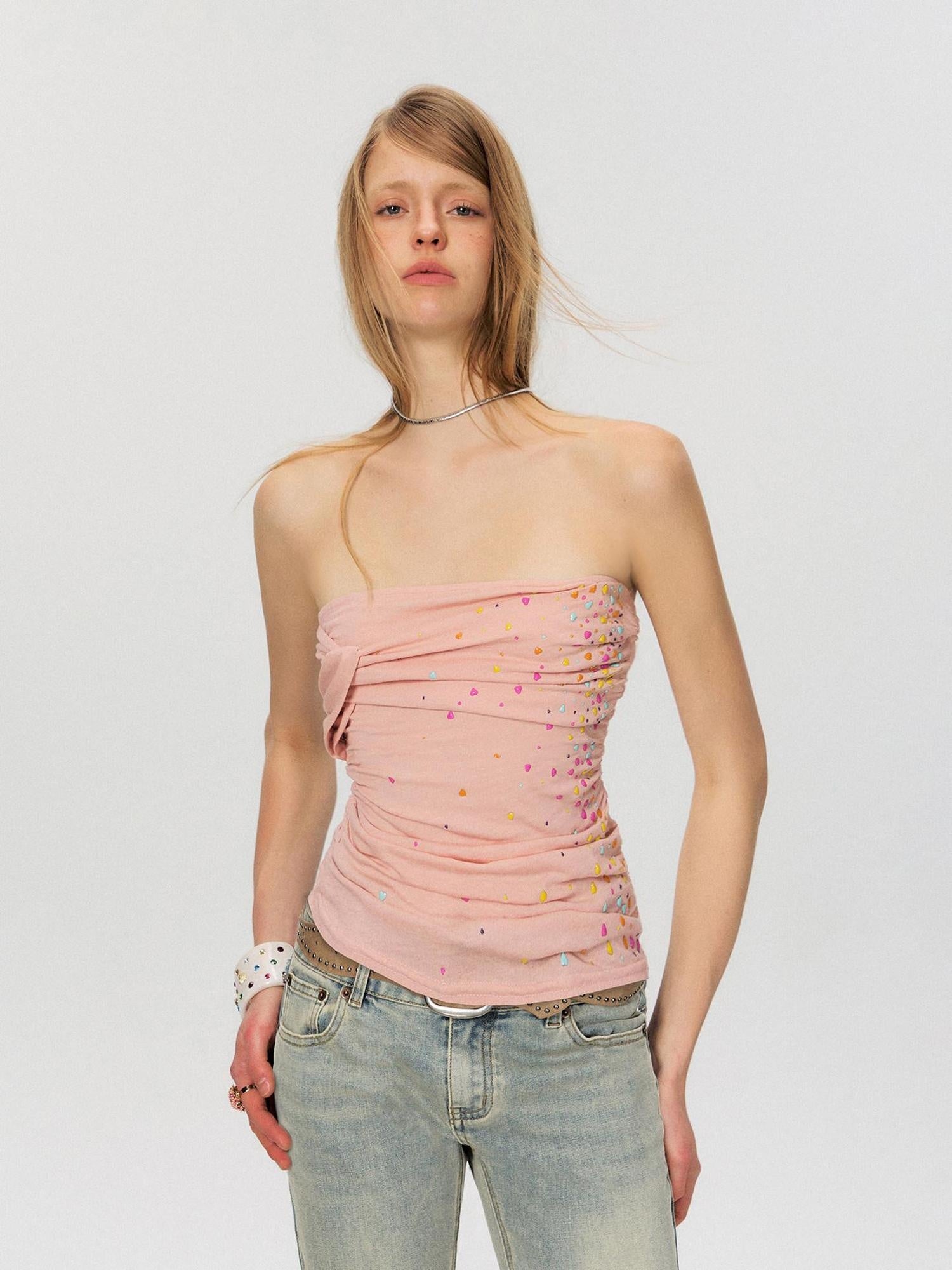 The NeverMore Original Paneled Slim Fit Cropped Casual Solid Color Dusty Pink Tube Tops