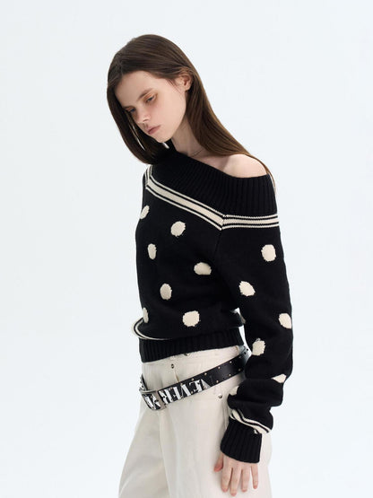 The NeverMore Cozy Thermal Acrylic Wool Polka Dot Boat Neck Relaxed Women Knit Sweaters