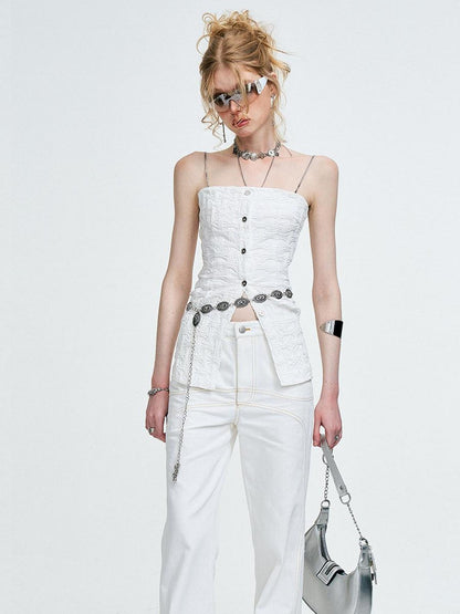 The NeverMore 3D Chain Ruffle Button Original Slim Fit Cotton Blend Solid White Camisoles