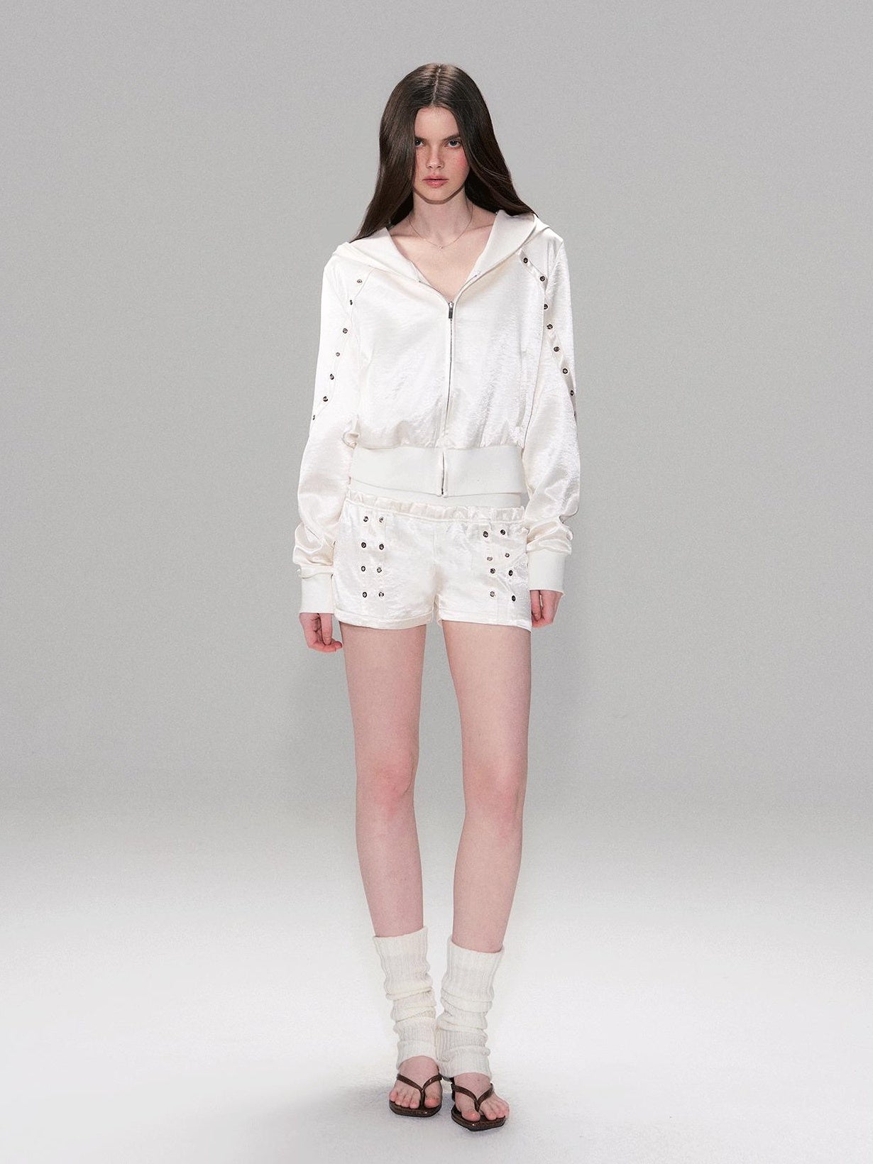 The NeverMore Cozy Cropped Two Piece Set Long Sleeve High Waist Shorts Women Solid Hoodie