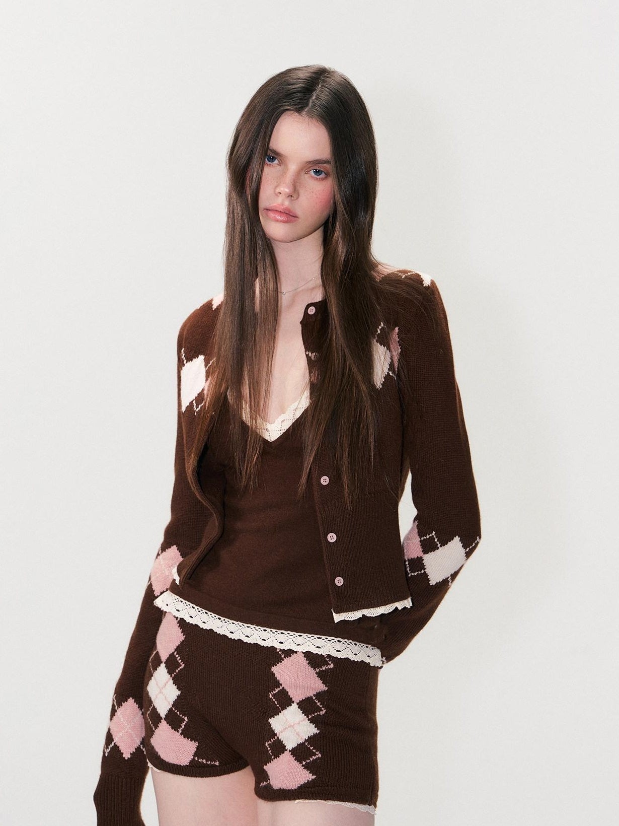 The NeverMore Cashmere Blend Sexy Argyle Button Cardigan Shorts Women Top &amp; Shorts Sets