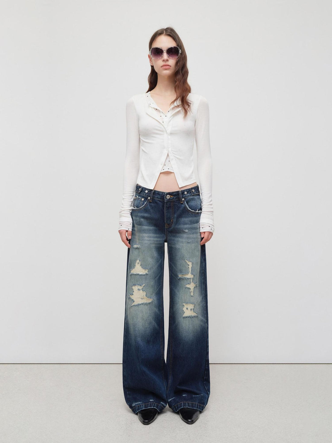 RUN TO THE FUTURE Vintage Distressed Low Rise Ripped Loose Fit Women Cotton Zipper Wide-Leg Jeans