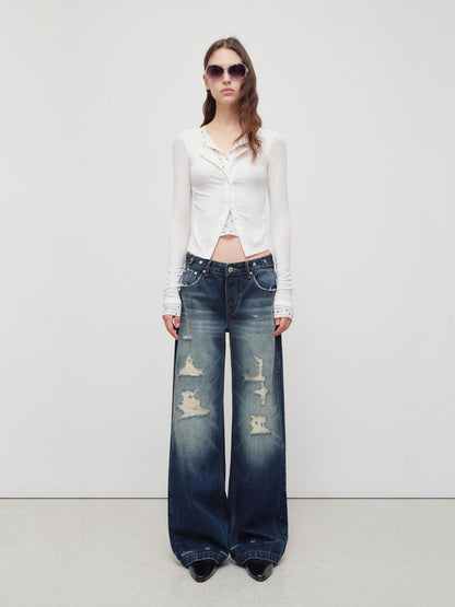 RUN TO THE FUTURE Vintage Distressed Low Rise Ripped Loose Fit Women Cotton Zipper Wide-Leg Jeans
