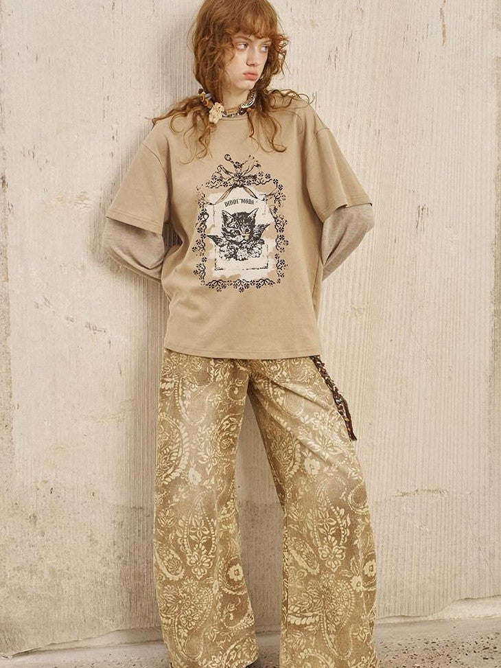 DIDDI MODA Angel Kitten Print Faux Layered Loose Women&