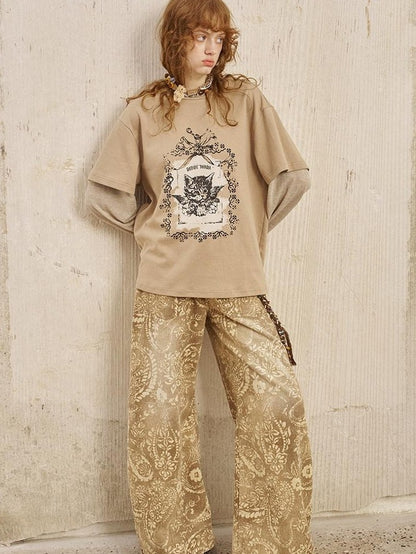 DIDDI MODA Angel Kitten Print Faux Layered Loose Women&