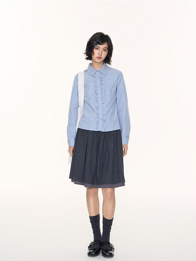 NAPSNAPS Ruffle Trim Pleated Point Collar Patch Pocket Women&