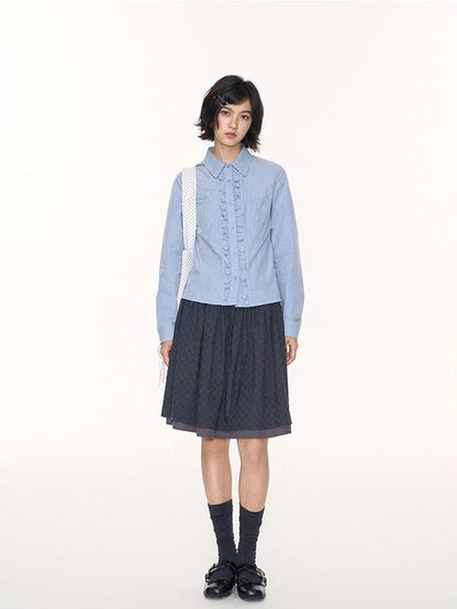NAPSNAPS Ruffle Trim Pleated Point Collar Patch Pocket Women&
