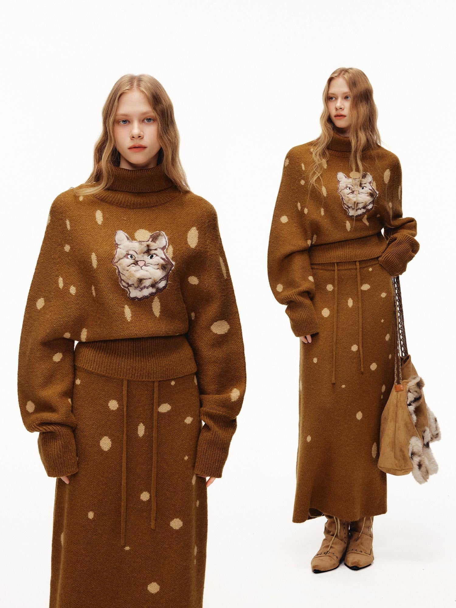 OuttheBlue Cozy Turtleneck Pullover Waist Cinched Casual Animal Print Knit Top &amp; Skirt Sets