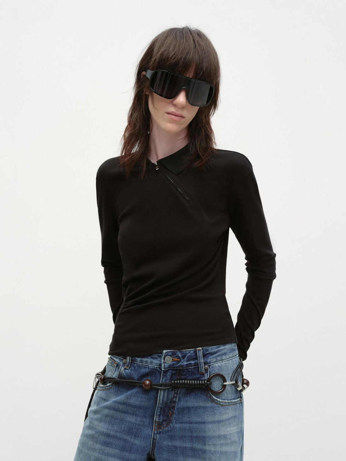 RUN TO THE FUTURE Zip Front Polo Slim Fit Classic Black Stretch Blend Long Sleeve T-Shirts