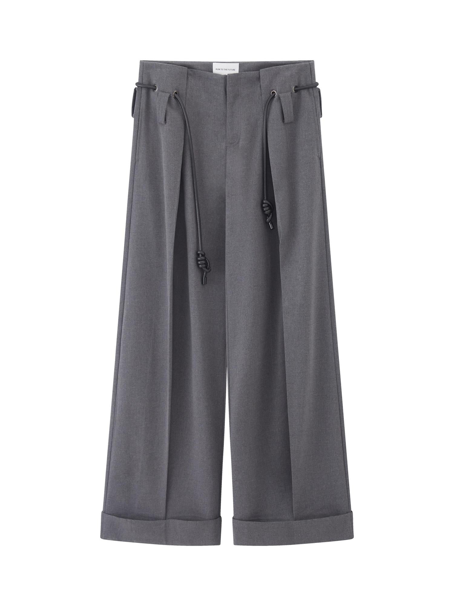 RUN TO THE FUTURE Minimalist Original Tie Detail Low Rise Zipper Women Rock Gray Wide-Leg Pants