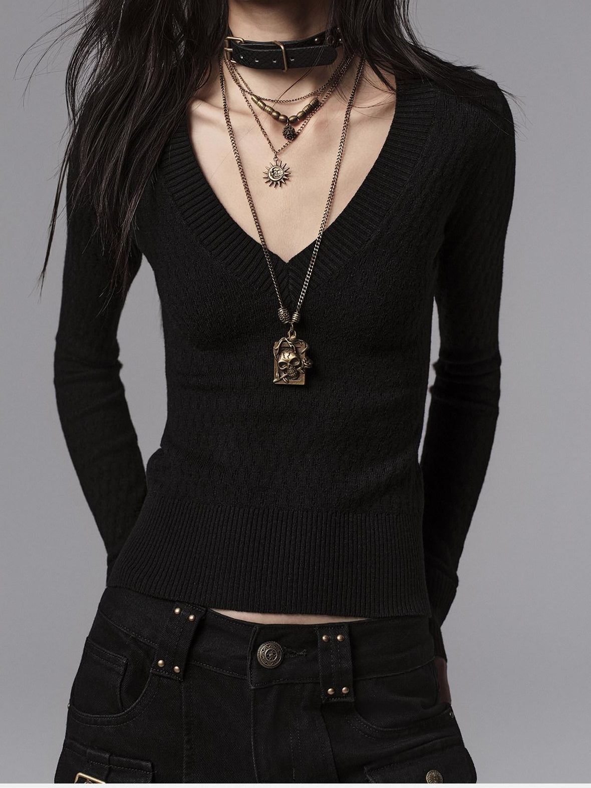 Low pixel Waist Cinched Gothic Slim V-neck Black Women Pullover Cropped Jackets