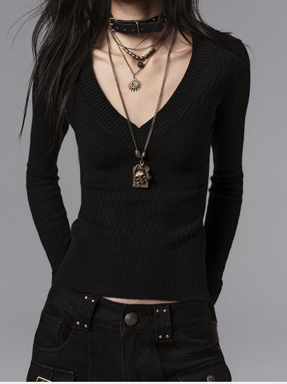 Low pixel Waist Cinched Gothic Slim V-neck Black Women Pullover Cropped Jackets