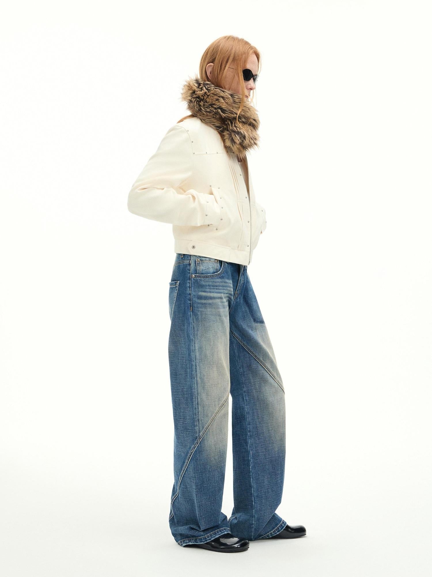 RUN TO THE FUTURE Vintage Washed Low Rise Cotton Boxy Women Zip Fly Nostalgic Blue Straight Jeans