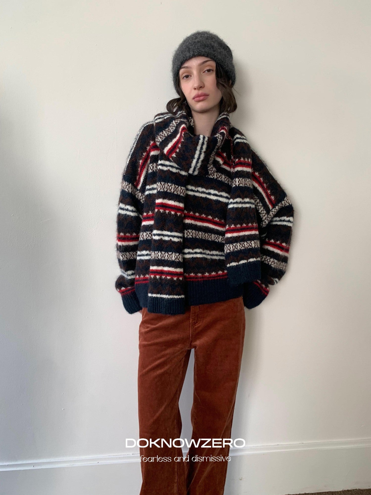 DKZ OFFICIAL Retro Striped Jacquard Two Piece Scarf Pullover Women&