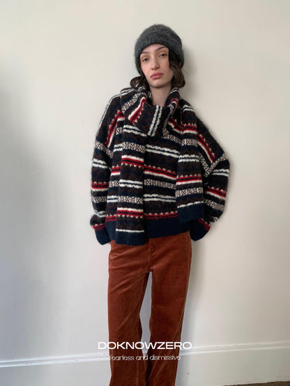 DKZ OFFICIAL Retro Striped Jacquard Two Piece Scarf Pullover Women&