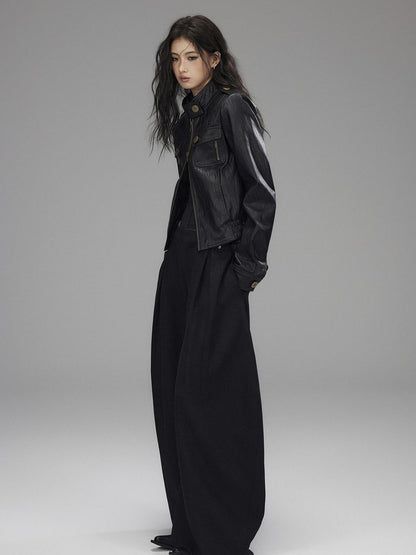 Low pixel Insulated Waist Cinch Workwear Multipocket Lapel Zip Black Women Leather Jackets