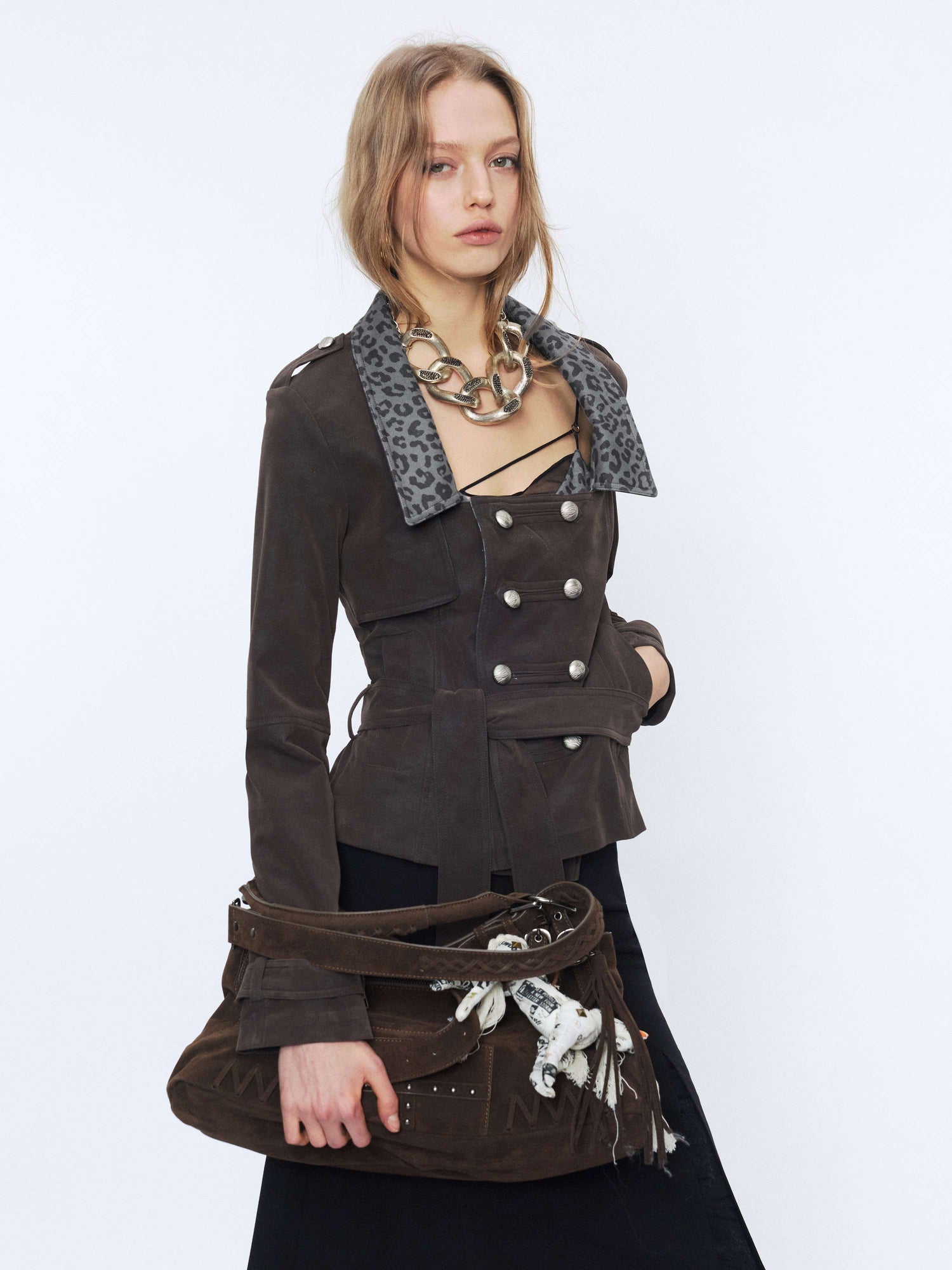 2th Desire Waist Cinch Punk Leopard Print Slim Fit Zip Short Women Trench Coats