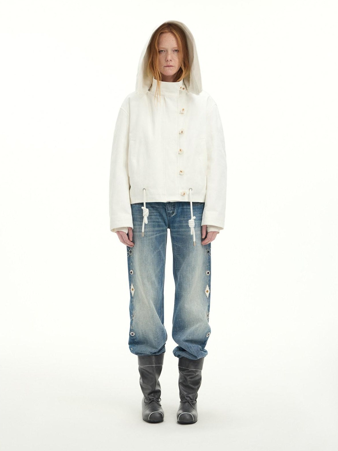 RUN TO THE FUTURE Washed Embroidered Low Rise Straight Cotton Button Fly Women Blue Wide-Leg Jeans