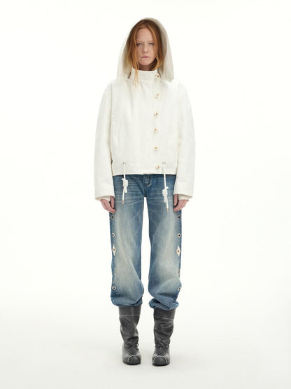 RUN TO THE FUTURE Washed Embroidered Low Rise Straight Cotton Button Fly Women Blue Wide-Leg Jeans