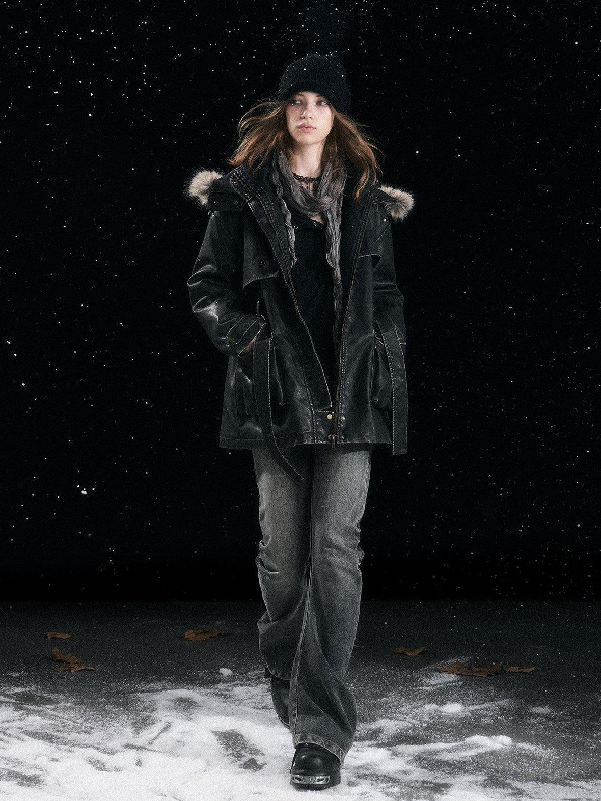 Cest Nous Fur Collar Hooded Utility Distressed Women&
