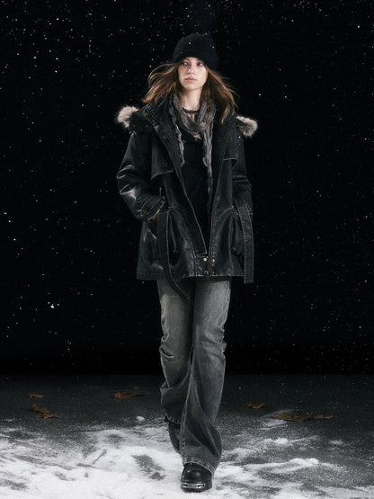 Cest Nous Fur Collar Hooded Utility Distressed Women&