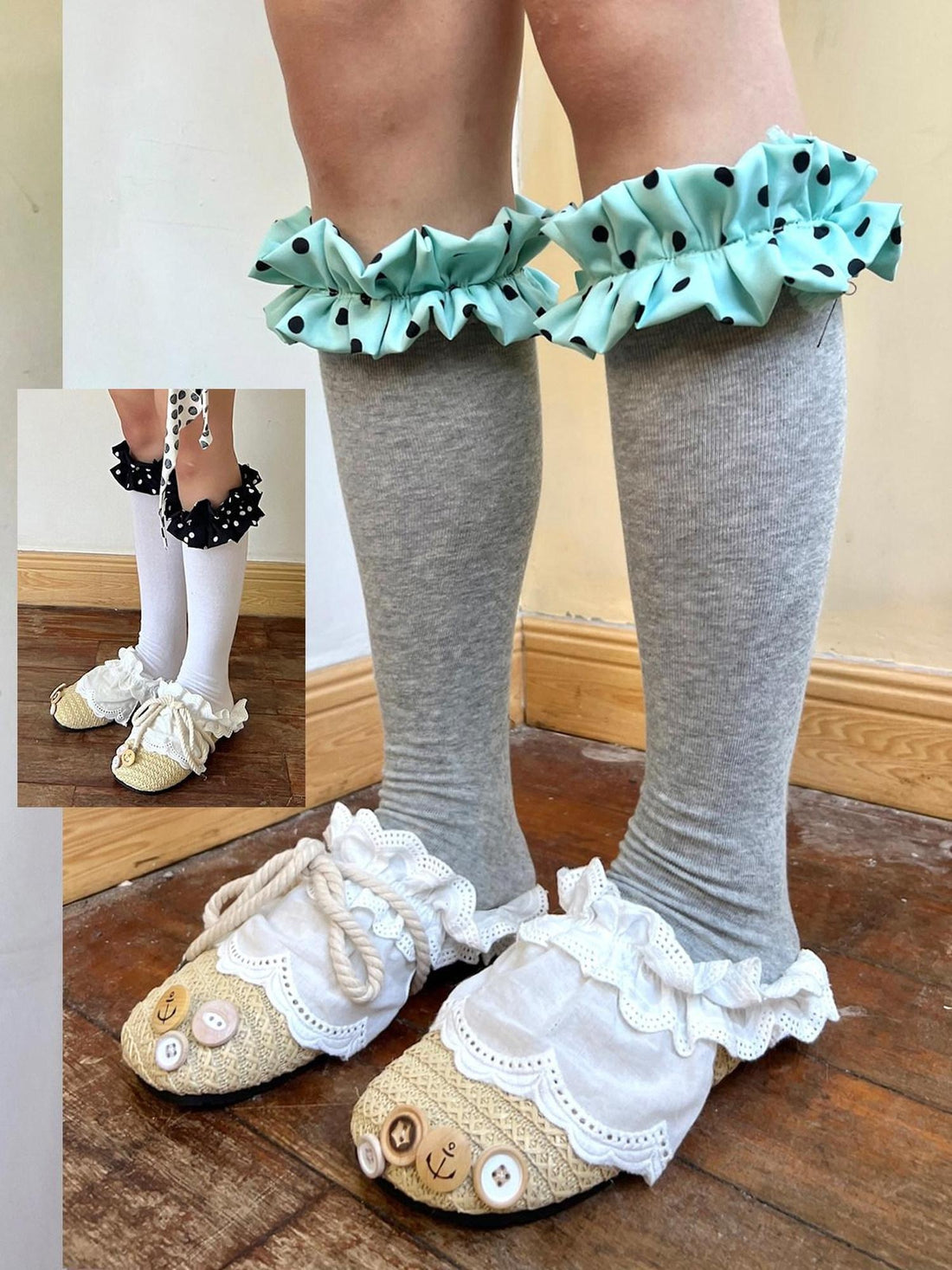 nit alcove Soft Breathable Cotton Cute Polka Dot Knee High Unisex White Gray Socks