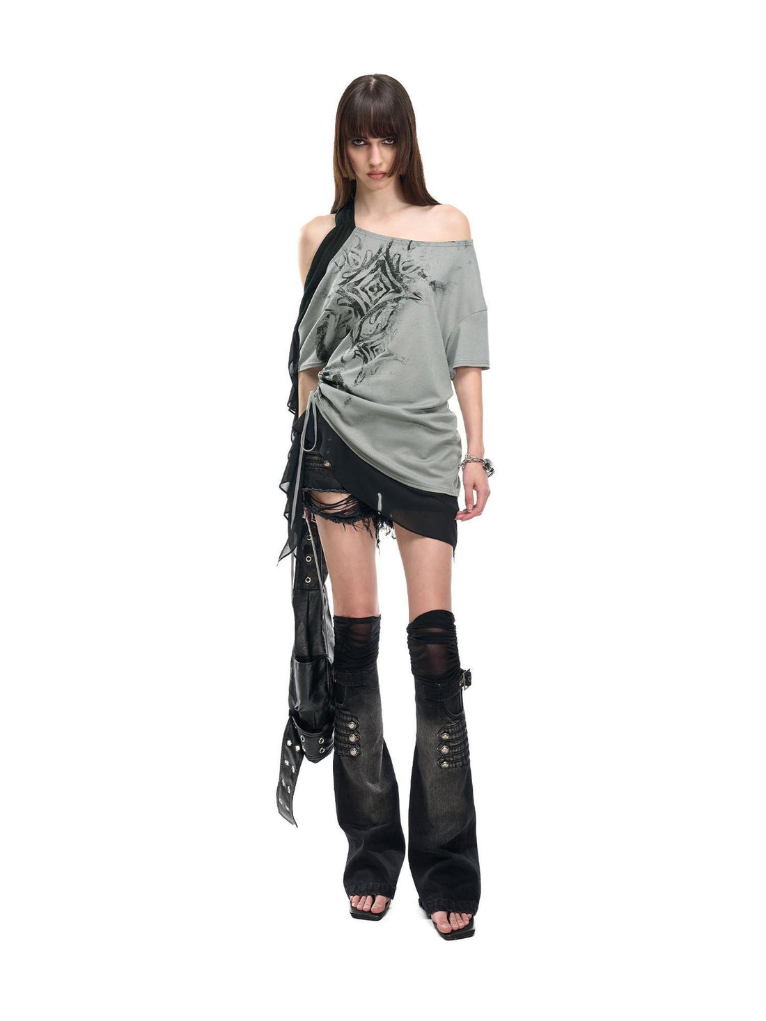 NORTH NODE Almond Gray Asymmetric Spliced Ruched Print Women&