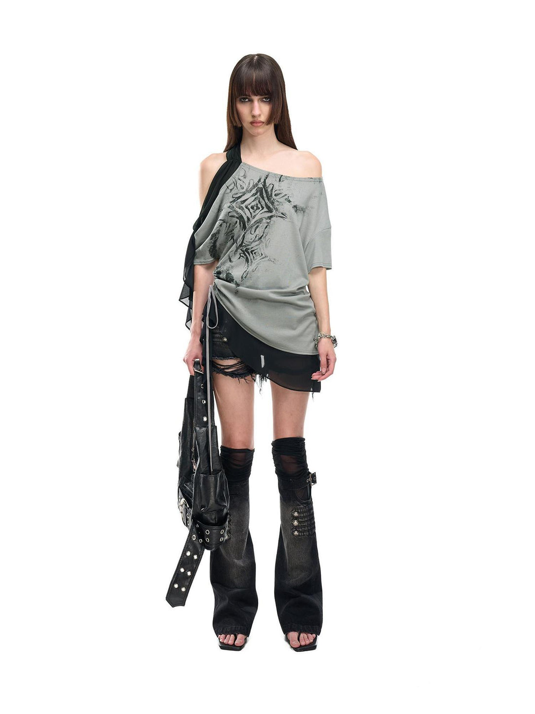 NORTH NODE Almond Gray Asymmetric Spliced Ruched Print Women&