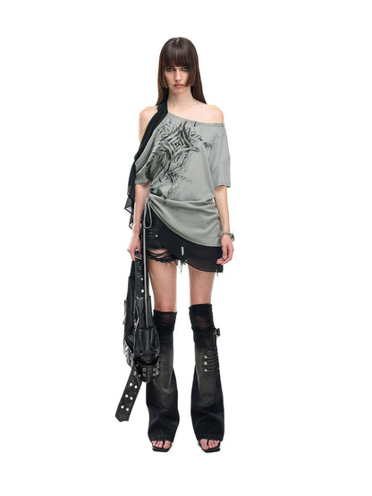 NORTH NODE Almond Gray Asymmetric Spliced Ruched Print Women&