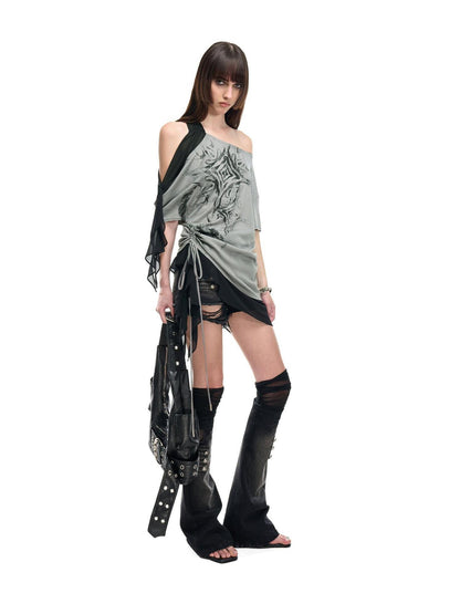 NORTH NODE Almond Gray Asymmetric Spliced Ruched Print Women&