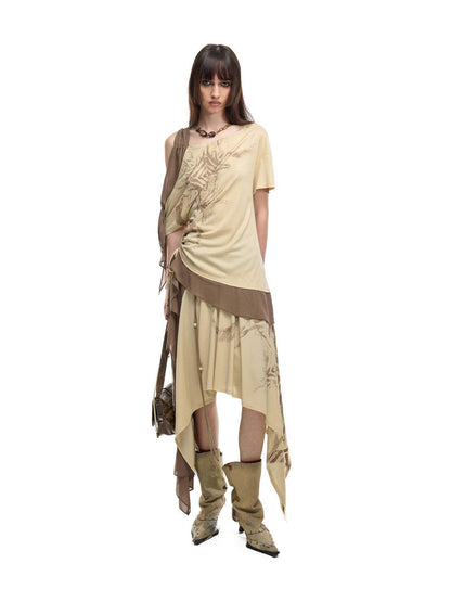 NORTH NODE Almond Gray Asymmetric Spliced Ruched Print Women&