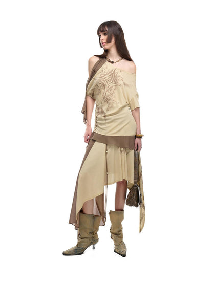 NORTH NODE Almond Gray Asymmetric Spliced Ruched Print Women&